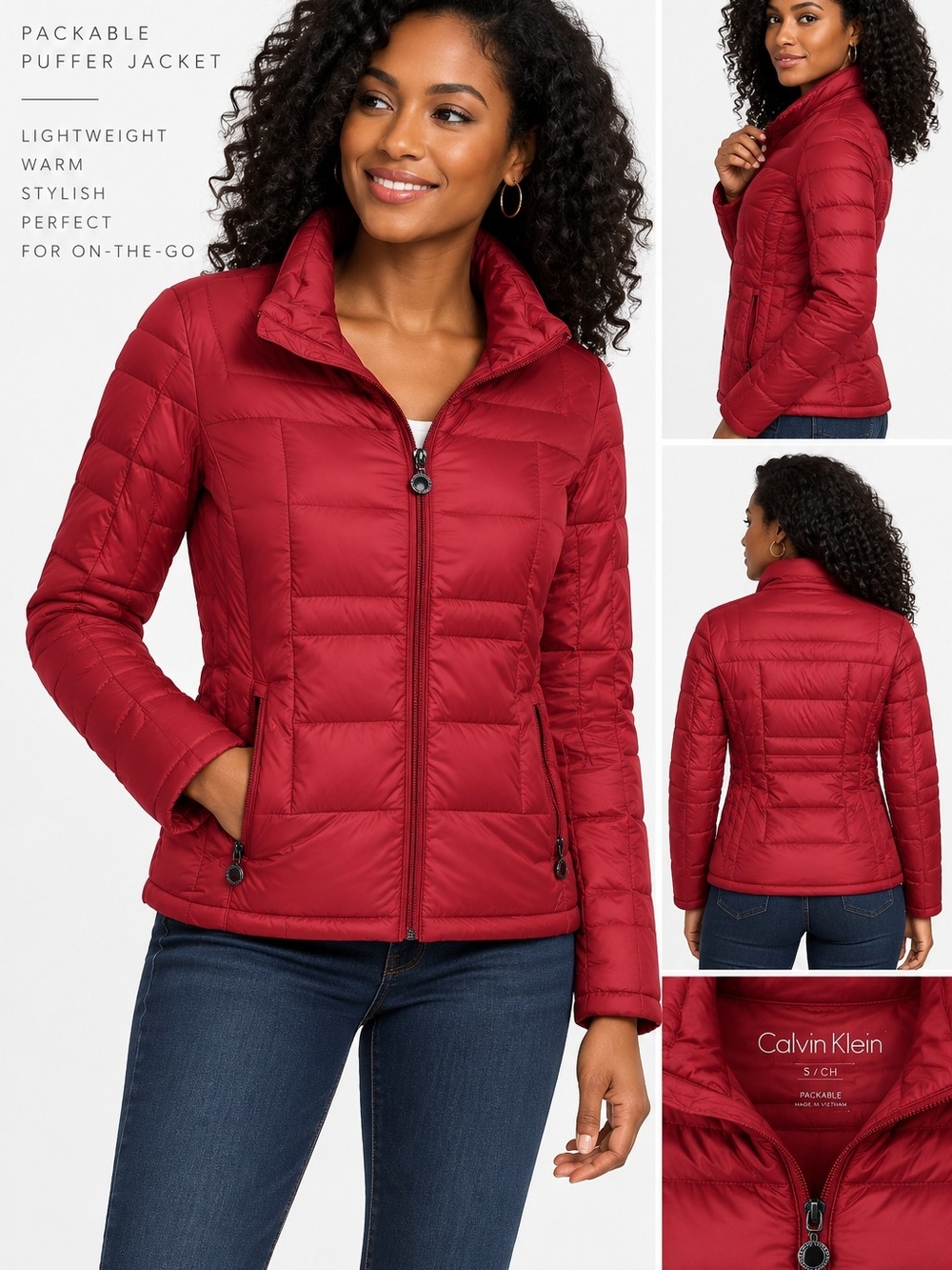 Calvin Klein Women's Red Quilted Packable Puffer Jacket